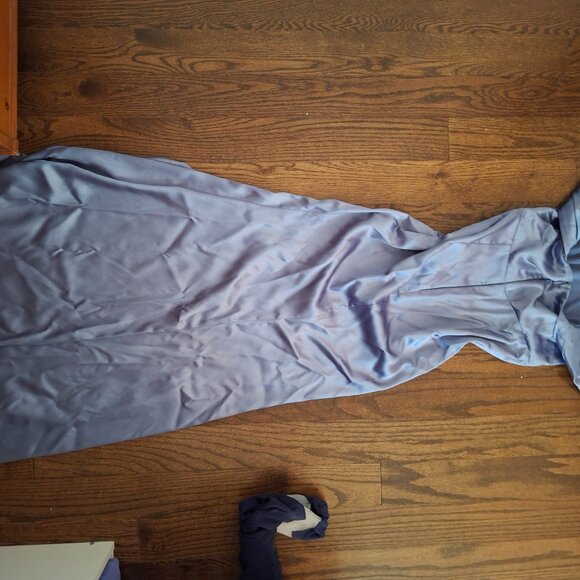 Slate Blue Satin Off-Shoulder Formal Gown w/ Slit – Size 4 - Picture 3 of 4